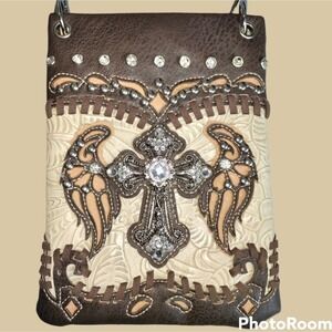 Cross and Wings jewel embellished crossbody messenger bag brown tan faux leather